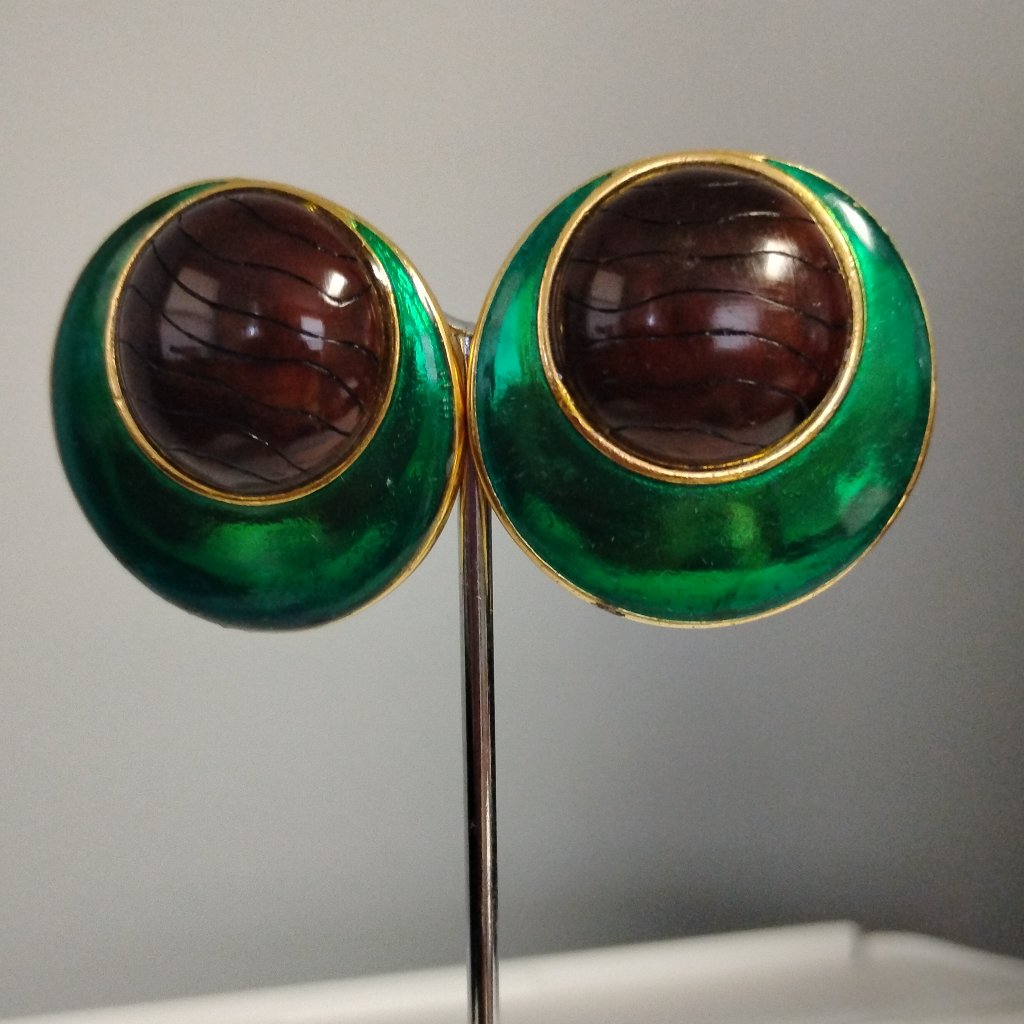 Ysl Yves Saint Laurent France Green Brown Enamel And Wood Clip Earrings